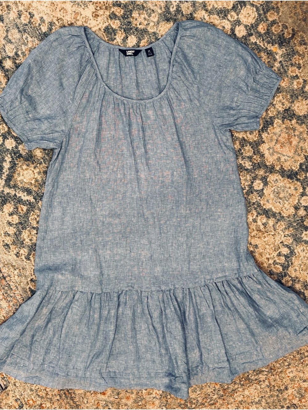 Lands' End Chambray Puff-Sleeve Tiered Midi Dress — Light Blue - Picture 3 of 10